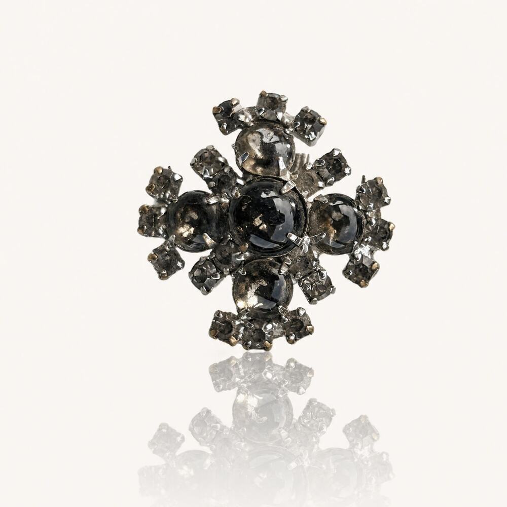 Vintage Smokey Quartz Style Rhinestone Brooch Silver Tone Statement Cluster Pin - Picture 1 of 8
